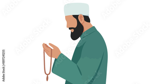 Man Praying with Prayer Beads Illustration.
