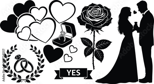 Wedding and love silhouette icon collection isolated, romantic symbols with hearts, rings, rose, couple, proposal, engagement illustration set