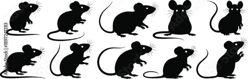 Assortment of charming black mouse silhouettes in different postures and activities showcasing the versatility of these small rodent characters