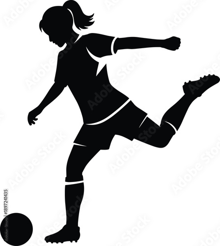 Black silhouette of a female soccer player in action kicking a ball with a dynamic pose and athletic stance on a white background