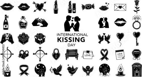Black and White Icons for International Kissing Day: Love, Romance, and Celebrations Vector Set