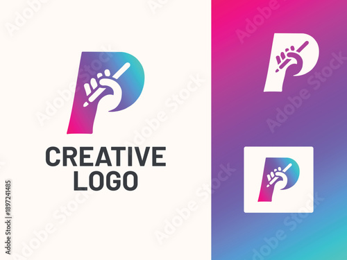 Creative P Letter Logo with Hand Holding Pencil and Gradient Colors