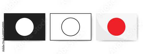Iconic Japan flag designs: minimalist silhouette, clean line art, and official red and white colors. Vector elements for Japanese culture, travel, and business themes
