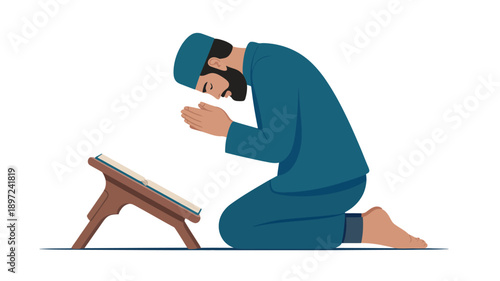 Man Praying on Knees with Quran.
