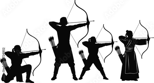 Black silhouette collection of male and female archers aiming bows and arrows in various shooting poses isolated on white background.