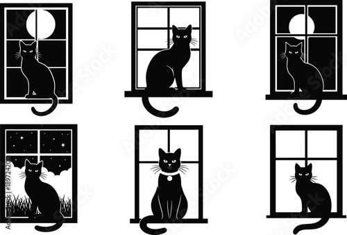 Black cat silhouettes sitting in window frames with moon stars and night sky background for home pet decor and spooky designs