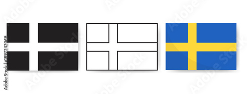 Sweden flag design set with minimalist silhouette, line art, and official blue and yellow colors. Ideal vector elements for Nordic themes, travel, and Swedish business branding. 