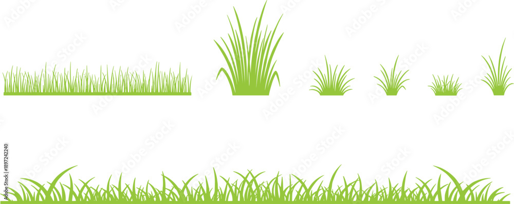 Fototapeta premium Green grass border and plant element set with meadow lawn nature landscaping flat vector illustration