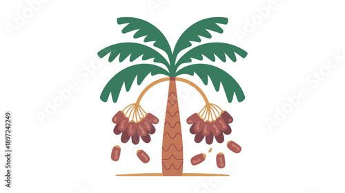 Coconut Palm Tree with Fruits and Flowers.