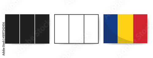Romania flag design set in silhouette, line art, and official blue, yellow, and red colors. Essential vector elements for Eastern European travel, cultural projects, and national identity. 