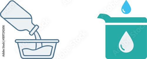 Liquid pouring and container line icons set with bottle water drop measurement cleaning vector illustration