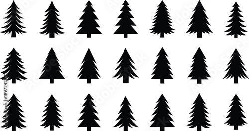 Set of black silhouettes representing various pine and fir tree shapes for forest nature landscape design, environmental conservation and outdoors,