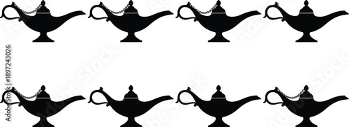 Black silhouette set of eight magical oil lamps with decorative chains and lids isolated on a clean white background vector.