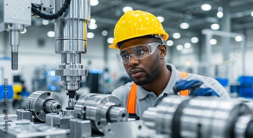 Manufacturing Industry Factory Worker Engineering Production Engineer Using Modern Machine Tool Automation Machinery CNC Milling Machine Work Safety Gear
