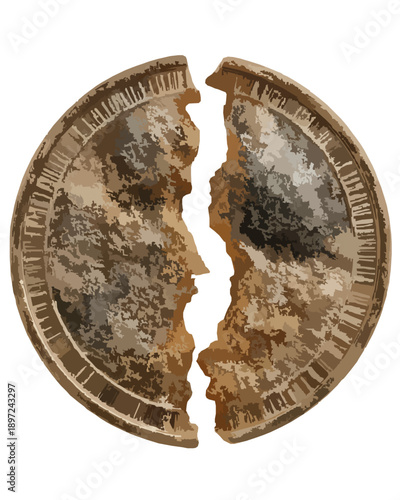 Antique Gold Coin Split in Half with Weathered Texture