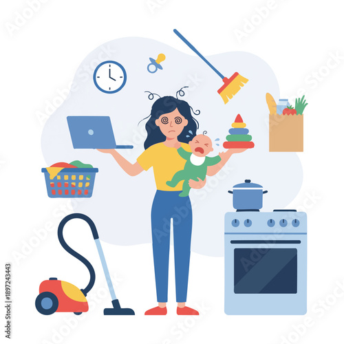 Stressed working mother multitasking with baby household chores laptop and groceries, work-life balance concept, flat illustration.
