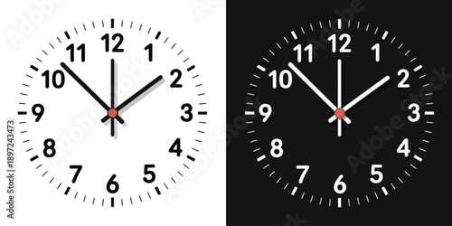 Realistic black and white clock face illustration with numbers, red center, vector design.