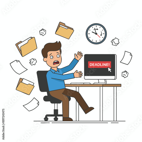 Stressed businessman panicking over approaching deadline on computer screen, work pressure concept, flat vector illustration.
