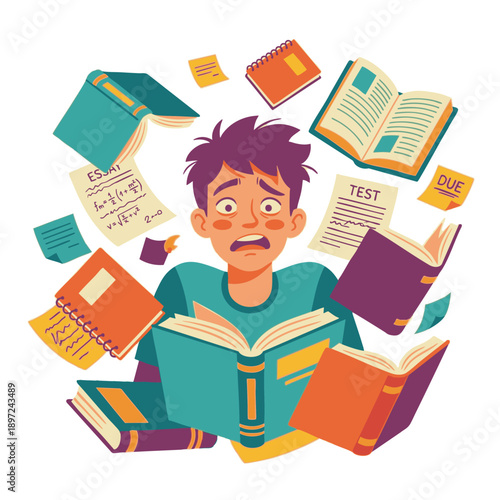 Student overwhelmed by flying study materials and deadlines, exam preparation stress concept, flat vector illustration.
