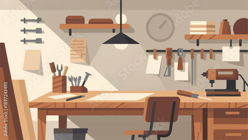 Illustration Of Making Traditional Crafts With Modern Tools, Simple Work Table Vector Design Template