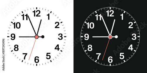 Realistic black and white clock face illustration with numbers, red center, vector design.