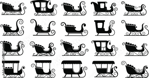 Christmas sleigh silhouettes set featuring various winter carriages and Santa sleds for holiday greeting cards festive decorations and seasonal celebration designs