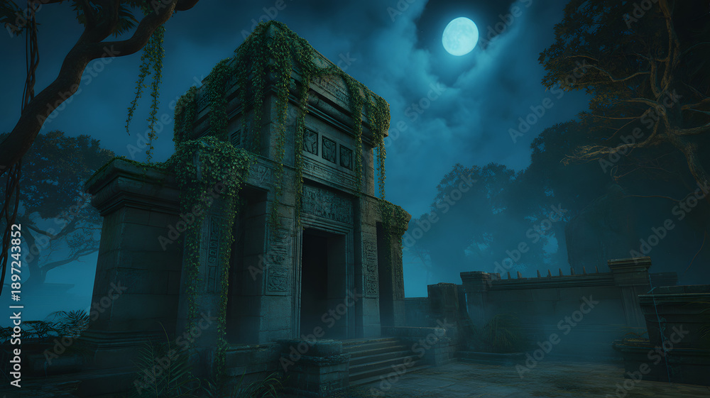 Fototapeta premium Ancient stone temple ruin with vine growth and a full moon above.