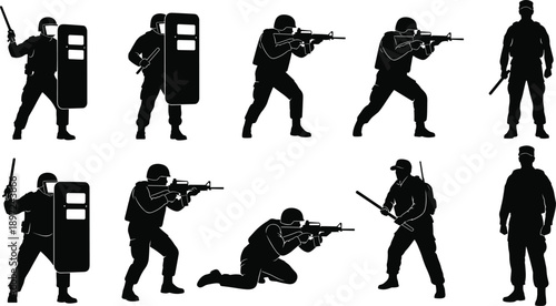 Black silhouette collection of tactical soldiers and police officers with shields and rifles in various combat poses isolated on white.