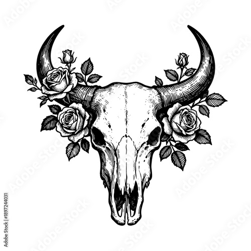 Bull skull with roses vintage etching illustration, black and white western gothic style for boho and desert concept