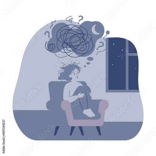 Woman anxious at night with chaotic thought cloud, insomnia and overthinking concept, flat vector illustration.
