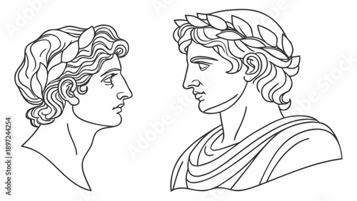 Elegant ancient Greek male busts in profile view