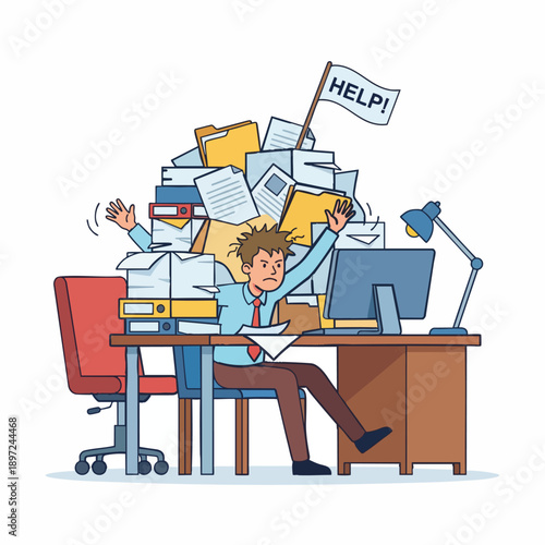 Stressed businessman crying for help amid paperwork overload, work burden concept, flat vector illustration.
