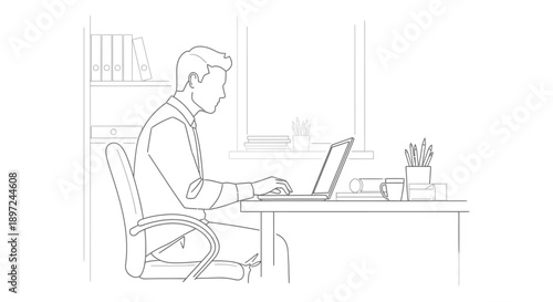 focused businessman typing on a laptop at a modern office desk with a bookshelf symbolizing workplace productivity and remote work.