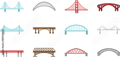 Modern and Classic Bridge Architecture Icon Set Featuring Suspension Bridges, Arches, and Truss Structures for Engineering, Travel, Infrastructure, and Cityscape Graphic Designs