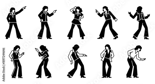 multiple black silhouettes of disco dancers in iconic 1970s poses embodying retro party energy and vintage fun for music event promotions