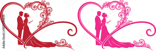 Romantic wedding couple silhouette inside a heart floral frame, elegant bride and groom vector illustration.