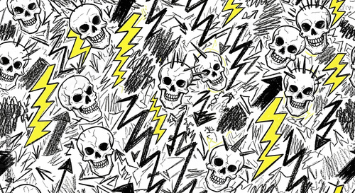 edgy punk rock skull pattern featuring distressed yellow lightning bolts black scribbles and arrows creating a chaotic background graphic.