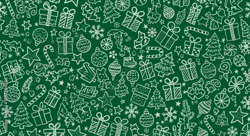 seamless christmas pattern featuring hand-drawn chalk drawings of gifts trees and ornaments on dark green perfect for holiday designs.