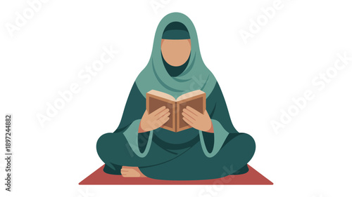 Woman in Hijab Reading Book Sitting on Carpet.