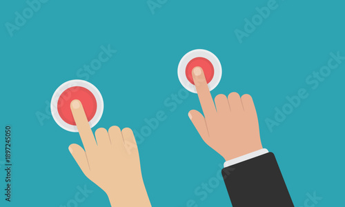 Businessman or businesswoman hand pressing red button with index finger, isolated on green background, vector illustration.