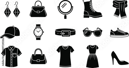 Black silhouette icon set of fashion accessories including clothing jewelry shoes bags and watches isolated on a white background vector.