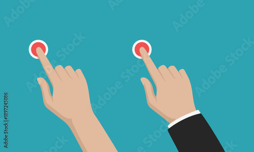 Businessman or businesswoman hand pressing red button with index finger, isolated on green background, vector illustration.