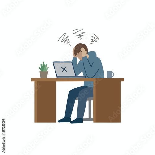 Frustrated man at desk with crashed laptop, technical stress and computer failure concept, flat vector illustration.
