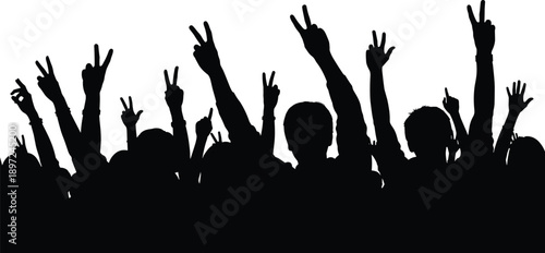 Black silhouette of a cheering crowd with raised hands showing peace and victory signs isolated on a white background vector.
