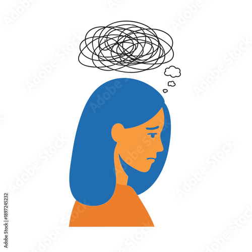 Sad woman profile with chaotic scribble thought cloud, mental confusion and sadness concept, flat vector illustration.
