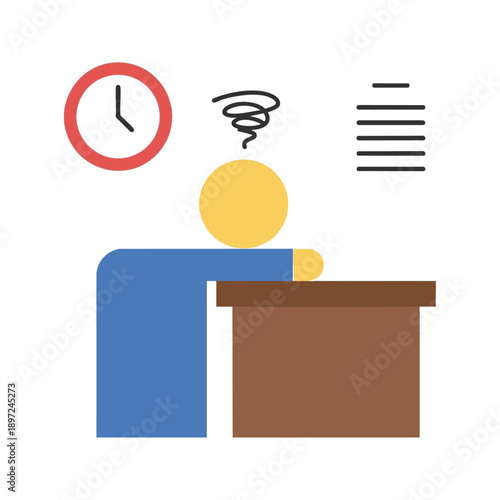 Stressed worker at desk with clock and checklist under time pressure, work overload concept, flat vector illustration.
