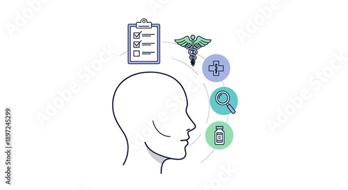 Outline of a human head with medical icons, representing cognitive health and healthcare decision making for diagnosis and treatment.