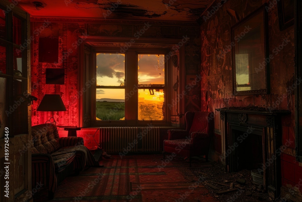 Fototapeta premium Eerie sunset illuminates a decaying room with a broken window, bathed in a mysterious red light