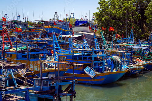 Colourful fishing boats at the habour of Nha Trang, Vietnam, Indochina, Southeast Asia