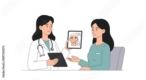 Woman doctor showing patient dermatology treatment plan on tablet. Cosmetology consultation for skin rejuvenation and beauty care concept.